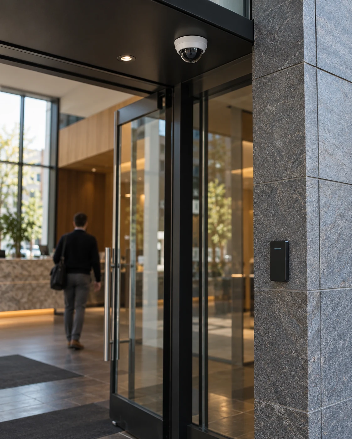 Security camera and access reader at a modern building entrance